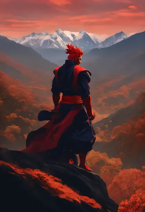 akuma standing on the top of the mountain，Back