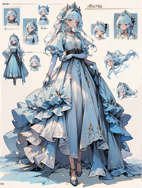 ((best quality high resolution)), blue ballgown in illustration showing many dolls of various types being used to make a wedding...