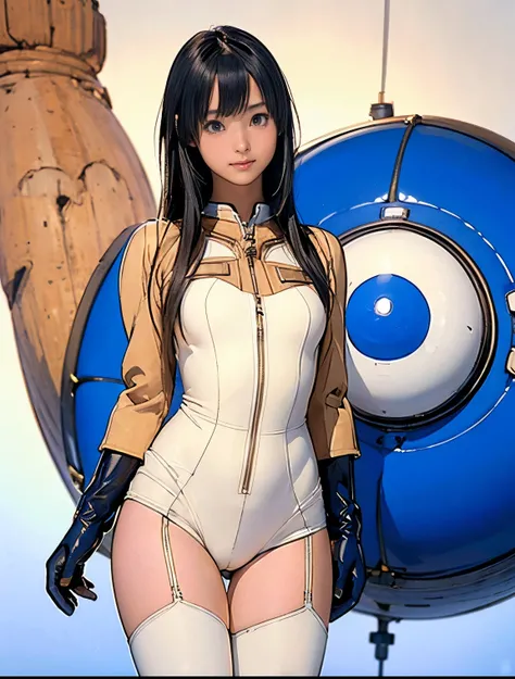 (masterpiece、best quality、Highest resolution、Clear_image、detailed details): (full body picture、15 year old girl、Japanese face、small face、thin、Navy blue super short bob、blue eyes、Blue and Black Shiny Aviator Suit、Armor that protects the chest、tight clothes、...