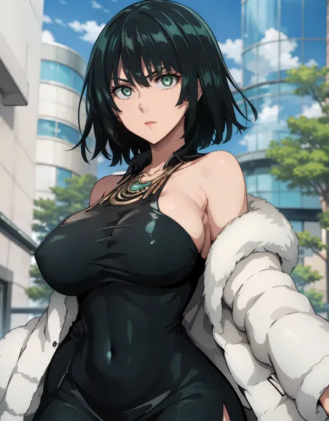 fubuki, fubuki, black hair, (green eyes:1.5), short hair, BREAK black dress, dress, fur coat, high collar, jewelry, necklace, off shoulder, taut clothes, taut dress, BREAK outdoors, BREAK looking at viewer, (cowboy shot:1.5), BREAK (masterpiece:1.2), best ...