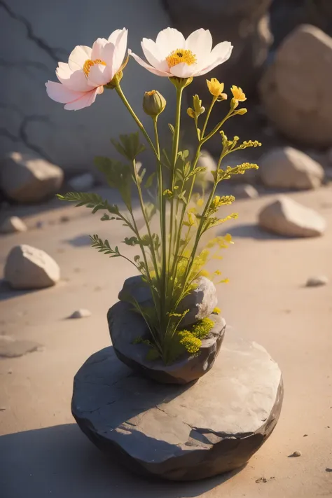 Cosmos flowers bundled in rough stones、there are no humans、realistic pictures