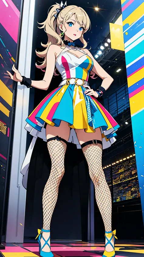 anime art style：1 Sexy Fashionable Female Celebrities, Avant-garde makeup，Exquisite hairstyle，hair accessories, confidence and determination，(Colorful fashion high heels),Standing in the center of the catwalk and performing, sparkling(pop art style)clothin...