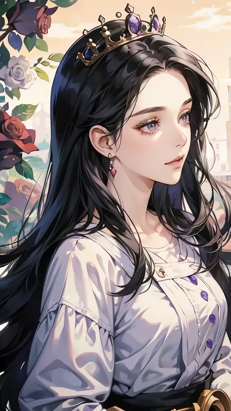 40 years old woman with black hair, violet eyes in anime style, roses in background, kingdom background, crown princess, luxury earrings