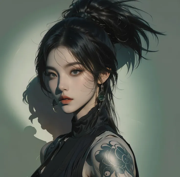 lifelike, high resolution,league of legends，akali，high ponytail,high resolution,original picture，shoulder tattoo，rich background...