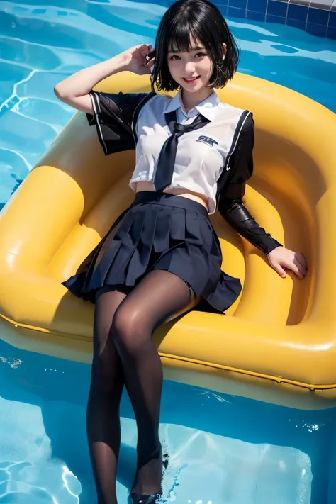 (((Beautiful girl in her school uniform riding a large float floating in the pool)))、(((wet 、wet bob hair、Wet hair、pleated skirt、Black pantyhose)))、smile、( absurdly,high quality , Super detailed)、(See photographer )、water droplets、(((cute pose)))