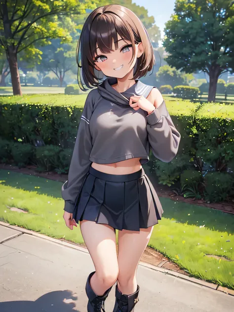 (masterpiece, highest quality, High resolution, realistic pictures, realistic skin:1.1),
(short brown hair:1.5)
(she is lifting up her skirt:1.5),
(fully exposed panties: 1.5),
(stand with both feet on the ground:1.5)
(Navy sweatshirt:1.8),
(gray flared mi...