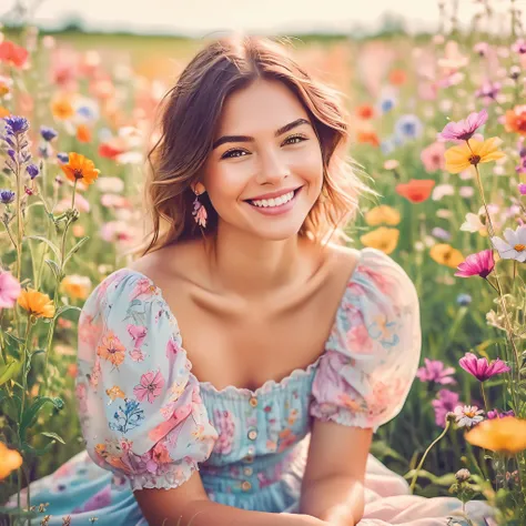 A whimsical, illustrated photoshoot depicting a beautiful woman with delicate features and an enchanting smile, sitting in a field of oversized, colorful wildflowers. Highly detailed, vector-based artwork with a dreamy, storybook quality and soft, pastel h...