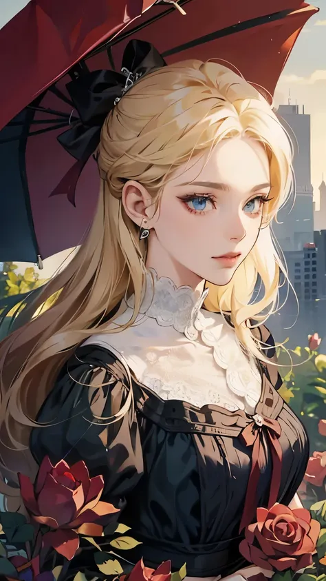 40 years old woman with blonde hair, blue eyes in anime style, roses in background, victorian style, evil face