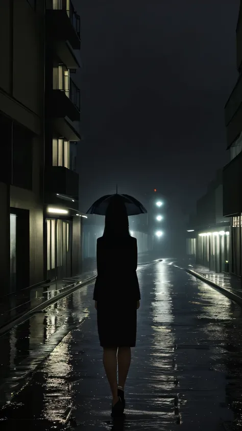 mystery，Rain Street，woman back view，street light is weak， Ten thousand lights，high-rise building，