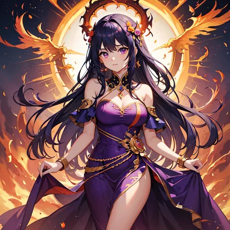 Demi-goddess of fire and water, (masterpiece), incredible, cute purple dress