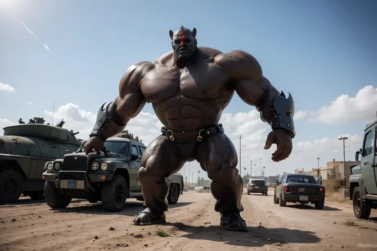 Generates a giant Arab Titan and in the background there is an army of Titans with tanks and cars with machine guns and the style is animated