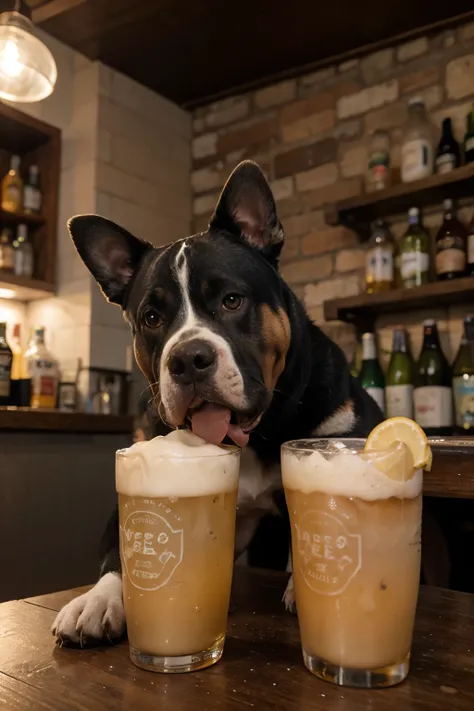 photograph of a 3D male American bully dog, musculoso, tomando cerveza pilsen callao con fondo de un bar