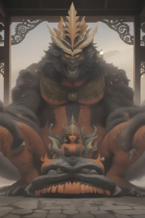 monster in indonesia, (masterpiece) , (best quality), orange background, garuda ,scary