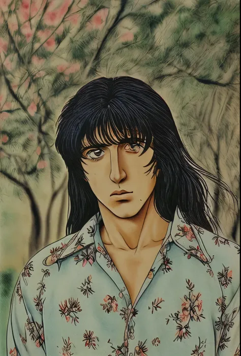 Chico anime hombre, cabello negro, ojos negros, with old clothes from the 90s, mirada triste, fondo con paisaje floral. in oil 