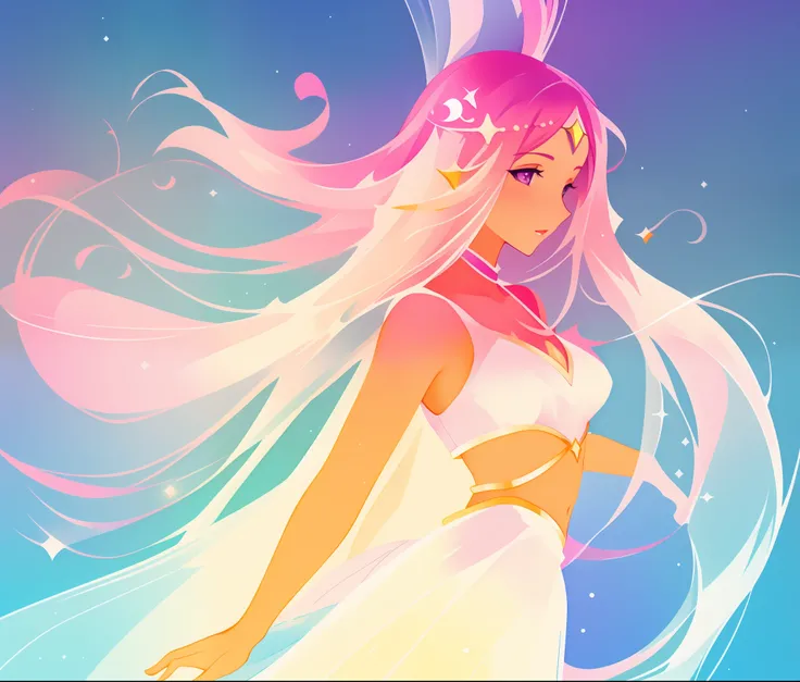 watercolor illustration, beautiful girl in white arabian two-piece dress, (arabian princess), (arabian dancer), (fantasy arabian dress), long colorful sparkling pink hair, watercolor illustration, Lois van Baarle, glowing aura around her, Glen Keane, jen b...