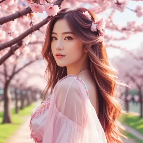 A stunning anime-style illustration of a beautiful woman with long, flowing hair and captivating eyes, posing elegantly for a photoshoot in a vibrant, cherry blossom-filled park. Highly detailed, 8K resolution, with soft, pastel colors and a dreamy, ethere...