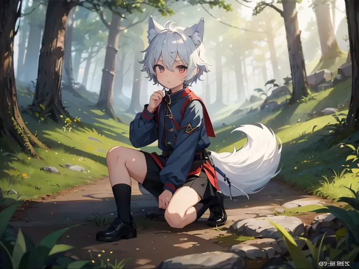 masterpiece, best quality, extremely detailed, anime, 1boy, (short boy,tomgirl),shotacon,wolf ear,wolf tail,in the forest