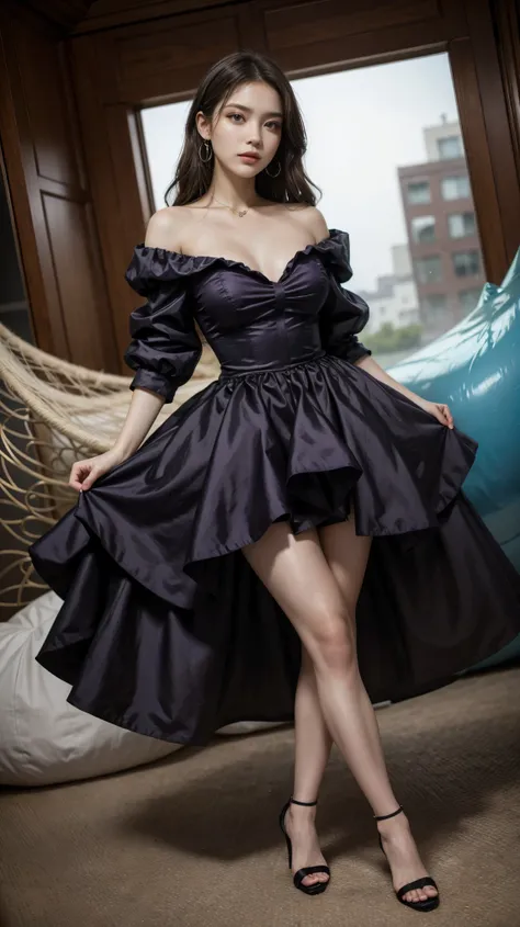 highest quality,masterpiece,ultra high resolution,(actual:1.4),original photo,ultra high resolution，8K，there is a woman，Fair skin，big waves，Collaboration miniskirt dress of medium purple and cool black:1.5，high heels，long legs:1.5，bright and beautiful，high...