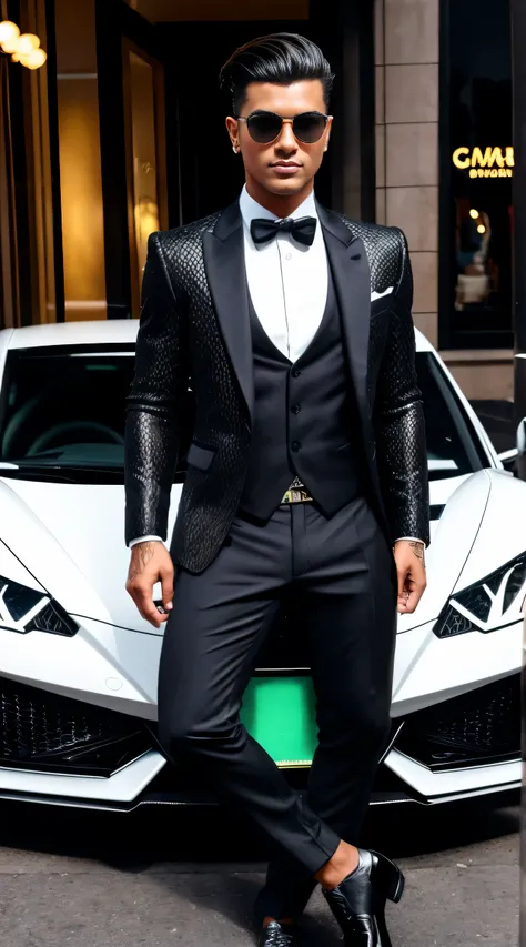 a,fashionable boy,gangster outfit,black Lamborghini car,reporters,crowd,media hype,paparazzi,fame,recently purchased car,high-end vehicle,celebrity status,high-profile event,flashy car,striking appearance with confidence,head-turner,endless attention,perfe...