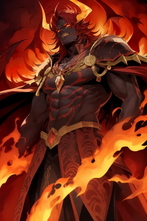 In the depths of the netherworld, a demon lord stands tall and proud in a posture of unyielding superiority, his fiery eyes burning with a look of unadulterated hatred. The detailed contours of his face are etched with sharp lines and angles, his perfect e...