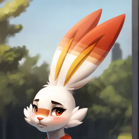 (best quality,ultra-detailed,realistic:1.37), scorbunny, rabbit snout, realistic, detailed face, striking eyes, glossy lips, bea...