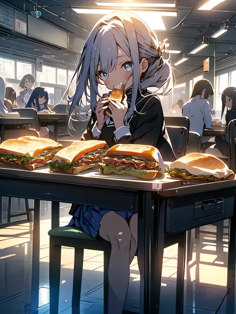 (8K, highest quality, masterpiece, ultra high resolution: 1.2),(shining eyes、detailed beautiful face),classroom,(2 high school girls) ,friends laugh together、(uniform、mini skirt),(sit at the table and eat a hot sandwich)、(The whole body is reflected),peace...