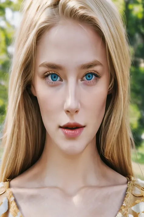 a close up of a woman with blue eyes and a gold dress, beautiful blonde girl, blonde hair and large eyes, blonde hair and blue eyes, blonde hair blue eyes, extremely beautiful face, beautiful blonde woman, blue eyes and blond hair, blonde and attractive fe...