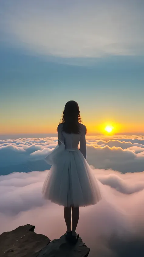 mystery，Standing on the top of the mountain，woman back view，Watch the sunrise over Dongfang Mountain，Look at the sea of clouds，The sunshine is particularly charming