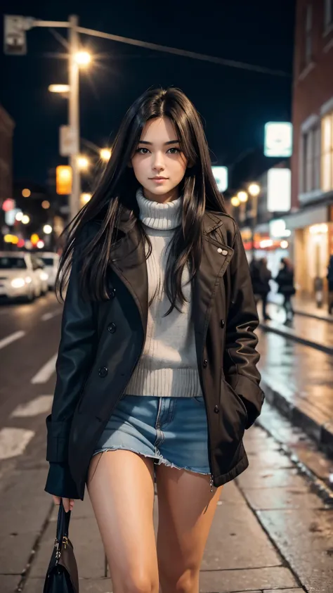 Beautiful black-haired girl with brown eyes and long hair walking down the street on a cold night 