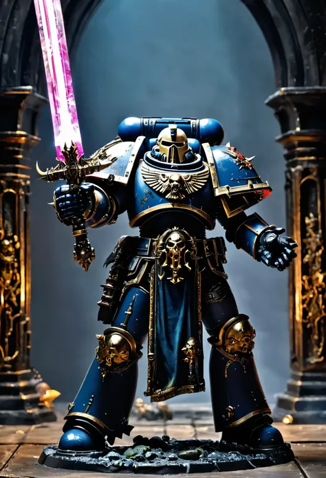 A chaos space marine, in warhammer 40k, has broken into a holy reliquary and reaches for the (Luminous chain sword) the only lights are the sword and indicators on the marine