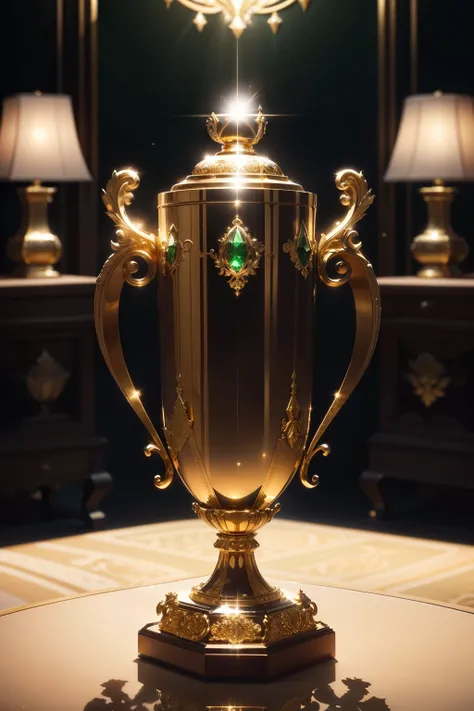 The super important championship trophy object, a champion cup bathed in gold and embellished with radiant emeralds, sits proudly on the table. Its intricate design, a diffusion of light reflecting off its smooth surface, highlights its uniqueness as a mag...