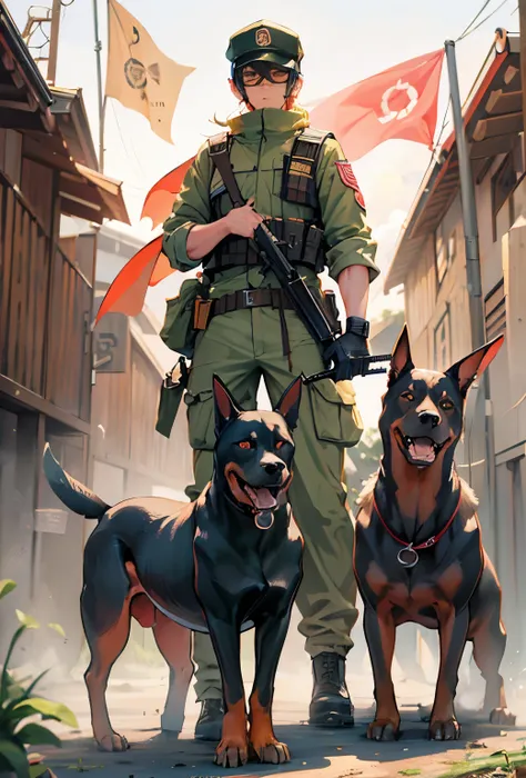 Momotaro, military, firearms, Doberman, drone, (Peach picture flag), peach, coast