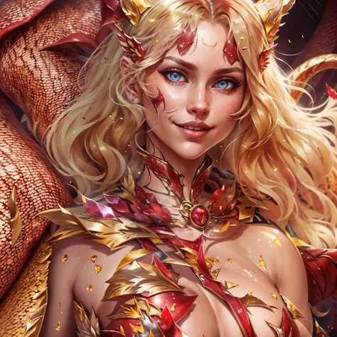 (best quality,4k,8k,highres,masterpiece:1.2), ultra-detailed, realistic, naked sexy dragon woman with red gold glittering scales, skin is glittering ruby and golden scales, long wavy blonde hair with red highlights, very playful but mischievous smile, huge...