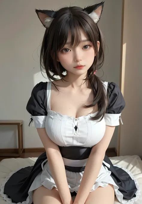 big deal ，丰满的cat ears，，，Thigh width，Lopp，，白色maid outfit，black maid outfit，japanese lady，lovely maid，cat ears的女人，harness，Kangjie，realistically，emphasize，top quality，masterpiece，1 girl 1 girl，curls，Pale complexion，cat ears，cat eyeball，thick eyebrows，thick li...