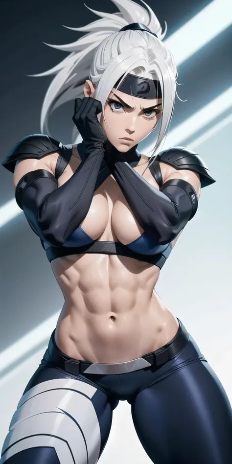 a ninja, cara bonita, serious face, cabelo branco, olhos vermelhos, corpo perfeito, corpo em forma, abdomen, seios grandes, muscular,cosplay kakashi feminino, cabelo branco,