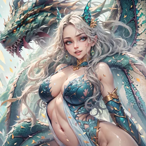 (best quality,4k,8k,highres,masterpiece:1.2), ultra-detailed, realistic, naked sexy dragon woman with green and blue glittering scales, skin is glittering green and blue scales, medium length wavy green hair with blonde highlights, very playful but mischie...