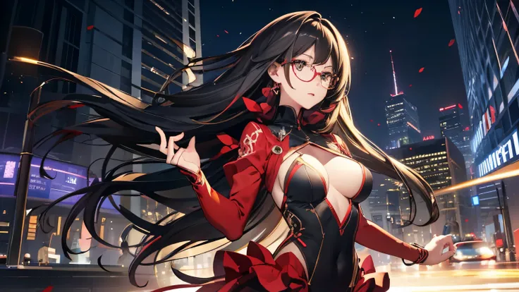 woman、18-year-old、one person、long hair、black hair、Glasses、City、city、embellished bodysuit、masterpiece、highest quality、best shadow、detailed beautiful face and eyes、long hair、colorful costumes、slender、particles of light、Majestic、cinematic effect、dancing in th...