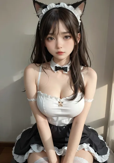 big deal ，丰满的cat ears，，livestock，Thigh width，Lopp，，白色maid outfit，japanese lady，lovely maid，cat ears的女人，harness，Kangjie，realistically，emphasize，top quality，masterpiece，1 girl 1 girl，curls，Pale complexion，cat ears，cat eyeball，thick eyebrows，thick lips，There ...