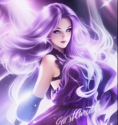 girl with long hair and purple dress in a purple background, beautiful girl, nightcore, beautiful woman, girl with cosmic hair, beautiful , pretty girl, beautiful fantasy , style 4 k, beautiful style, beautiful portrait