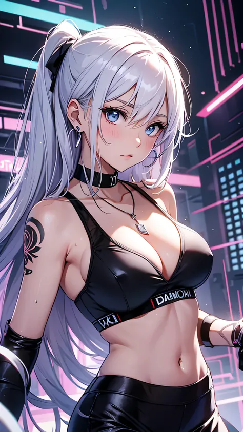 最high quality、best image quality、masterpiece、girl((20-year-old、 By becoming、vest bust、medium bust,wide open breast tea、shining eyes, silver hair、long hair、thin,highest valley、black sports bra、black sports pants、black short skirt、shoulder tattoo,diamond ear...