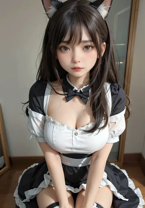 big deal ，丰满的cat ears，，livestock，Thigh width，Lopp，，白色maid outfit，japanese lady，lovely maid，cat ears的女人，harness，Kangjie，realistically，emphasize，top quality，masterpiece，1 girl 1 girl，curls，Pale complexion，cat ears，cat eyeball，thick eyebrows，thick lips，There ...