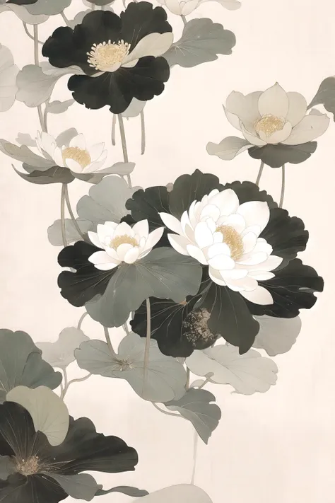 中国黑白ink画,lotus, reflection in water, monochrome, ink, art brush strokes, nature theme, floralism, peaceful, grace, simple design...