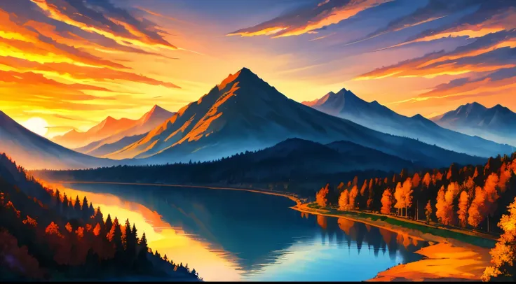 evening, river bank, colorful sky, orange sun, mountain, distant mountain, overview, beautiful scenery