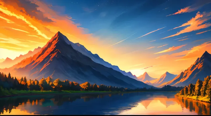 evening, river bank, colorful sky, orange sun, mountain, distant mountain, overview, beautiful scenery