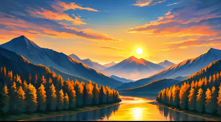 evening, river bank, colorful sky, orange sun, mountain, distant mountain, overview, beautiful scenery