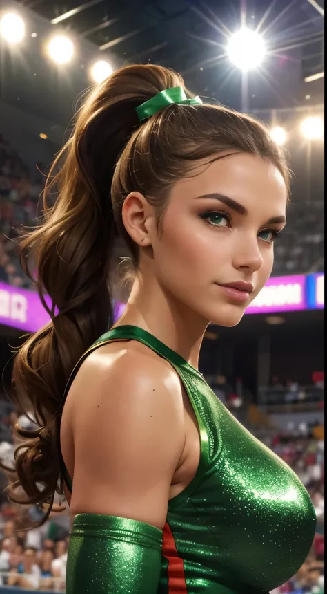 (best quality,4k,8k,highres,masterpiece:1.2),ultra-detailed,(realistic,photorealistic,photo-realistic:1.37),sexy cheerleader,brown-haired cheerleader,green-eyed cheerleader,green and red outfit,beautiful face,long and curly brown hair,detailed eyes and fac...