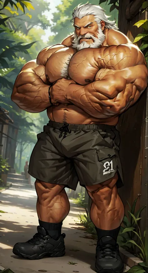 chubby old man adventure in forest, thick arm, huge arm, bearded. white hair and beard, bearded, muscular, pectoral, wide pectoral, realistic, 8k, masterpiece, (wearing shorts and shirtless:1.3, topless, shoes), smile