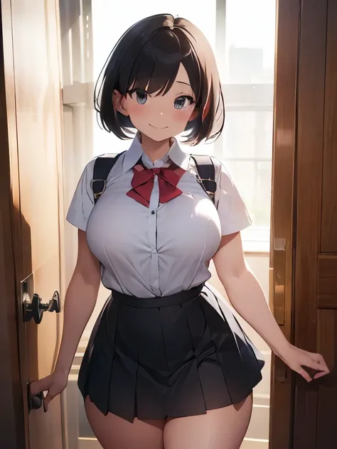 (best quality: 1.2), (masterpiece, best quality, ultra high res, 8k, perfect anatomy, extremely detailed), (extremely detailed CG unity), (1lady), solo, (abs:0.6),(27 years old:1.5),(black eyes),(dark brown hair), (bob cut), (medium breasts:1.3),(Navel exp...