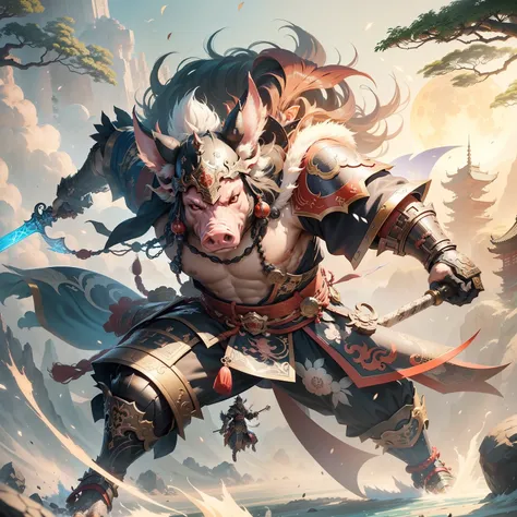 A pig armored warrior is swinging a sword, Onmyoji detailed art, Complete art, asura in chinese mythology, High-definition official artwork, moon bull samurai, Onmyoji portrait, Complete art illustration, Onmyoji, Mohrbacher, Genshin Impact Kechin, fantasy...