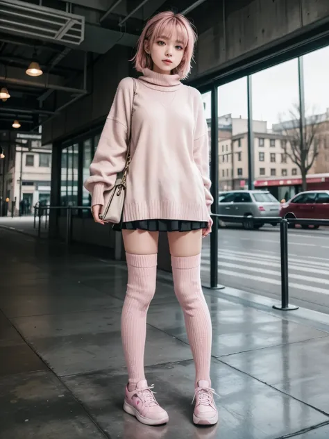 1girl, adult, alternative, asymmetrical clothing, thigh highs, long socks, pink color theme, handbag